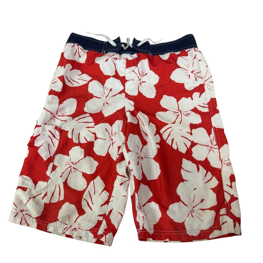 Hanna Andersson Boys Red White Hibiscus Floral Board Shorts Swim Trunks Size 160 - Picture 2 of 5